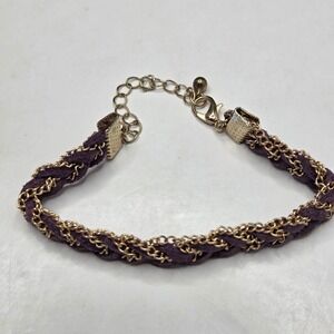 Purple Braided Chain Bracelet Gold Tone Woven Faux Suede Adjustable 6.5in